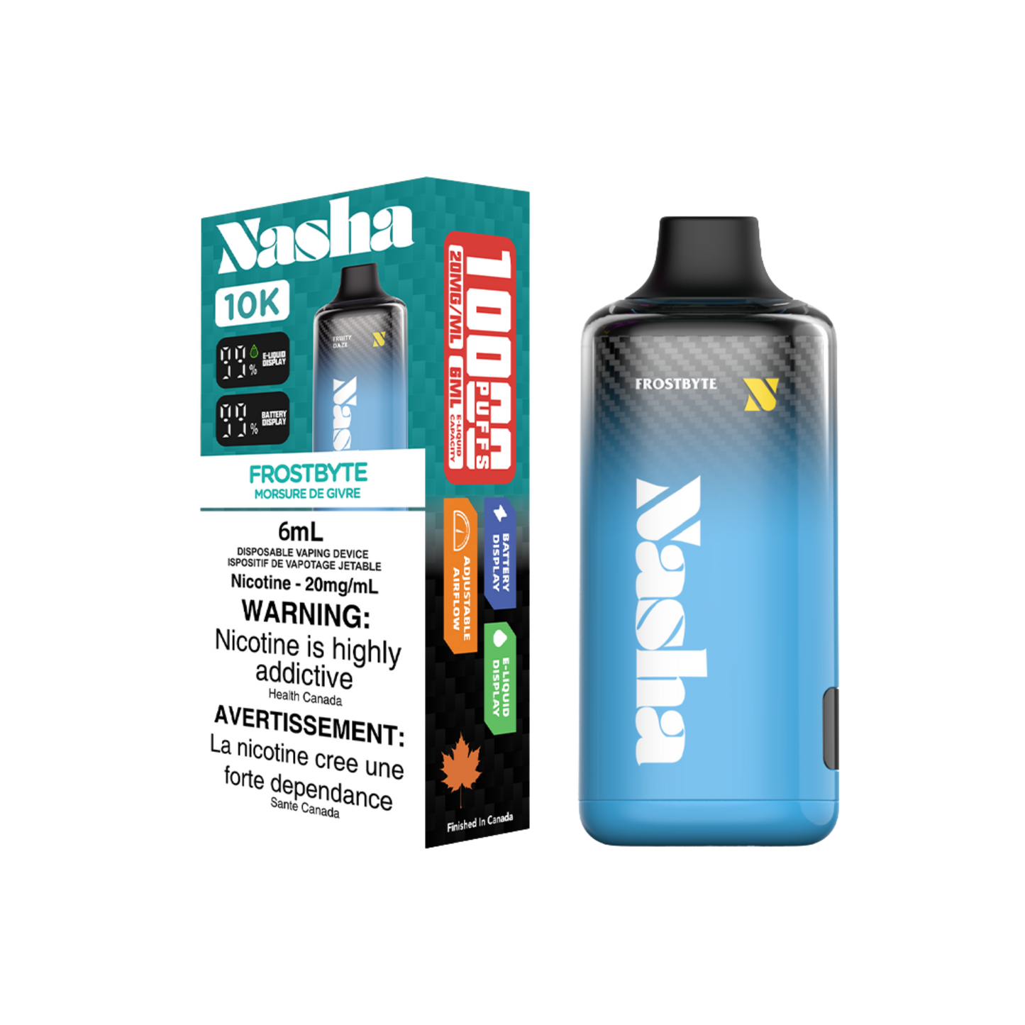 Front view of Nasha 10K Frostbyte 6 mL disposable vape device alongside its retail packaging